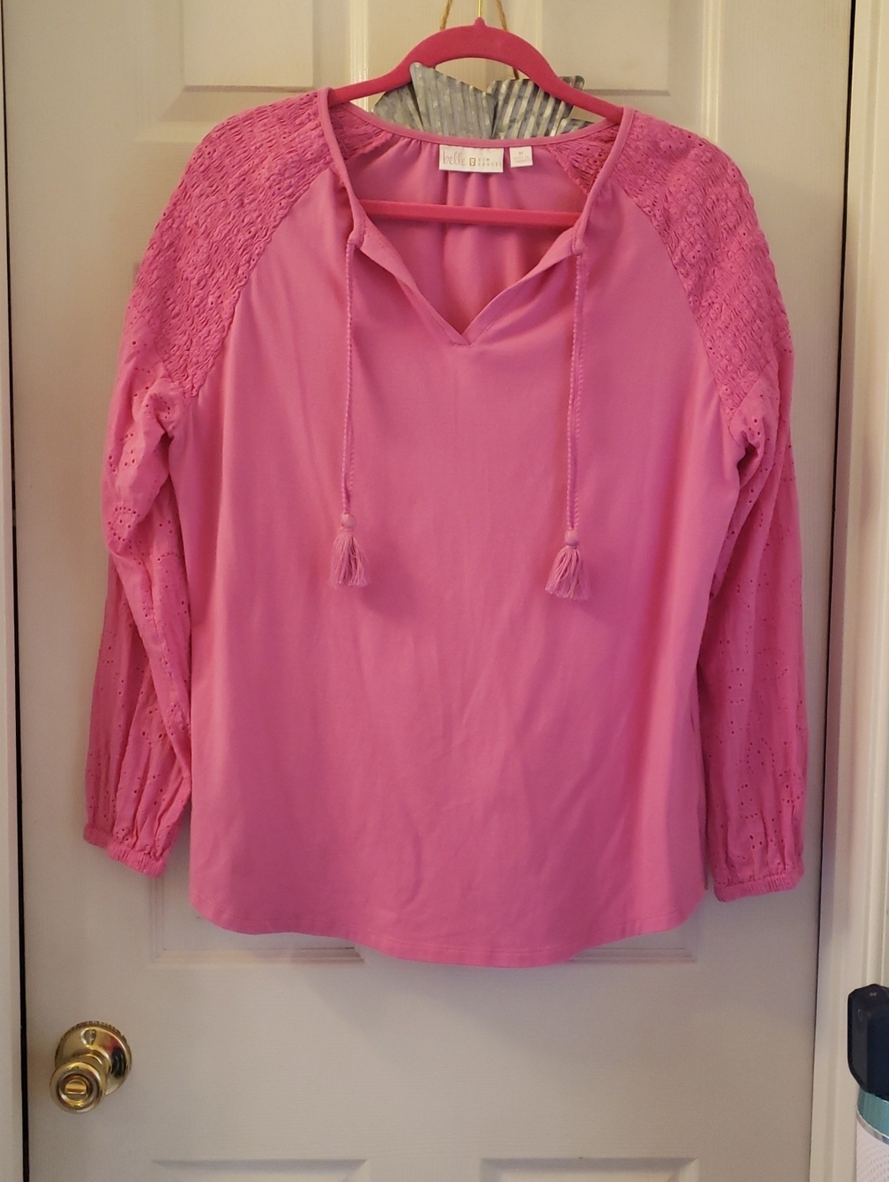 Belle by Kim Gravel Pink Eyelet Raglan Tassel Tunic
